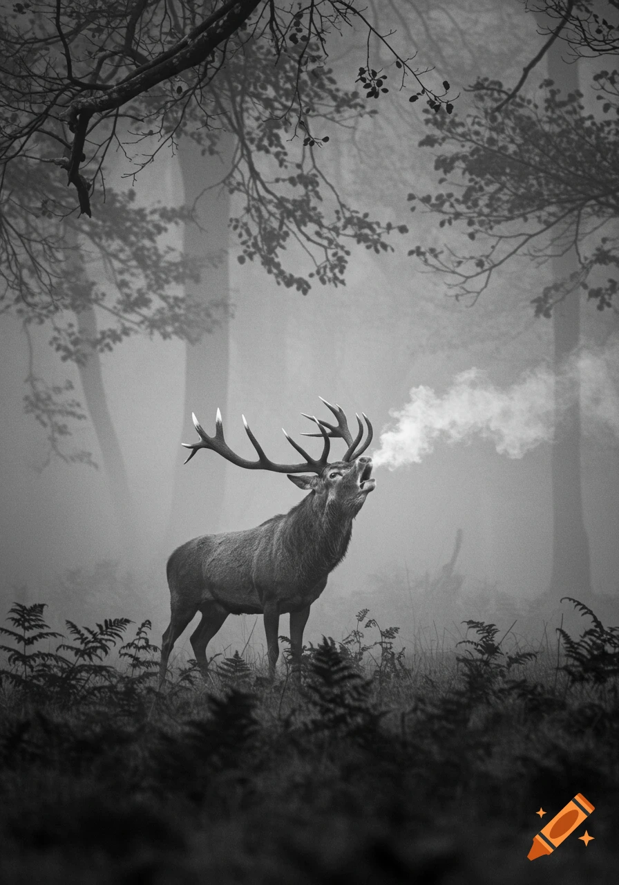 Black and white photo of a stag bellowing in a misty forest, its breath visible in the cold air.