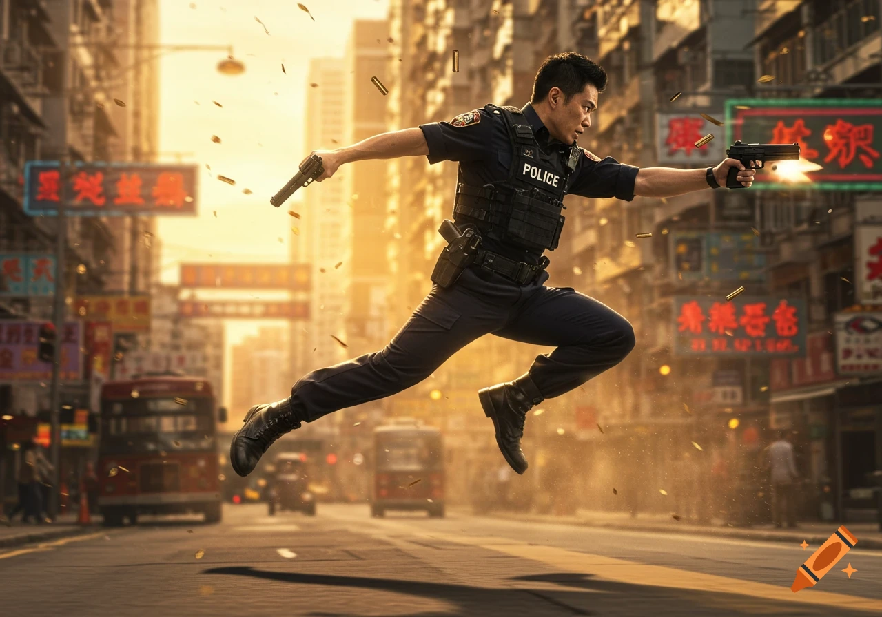 Photorealistic Hong Kong police officer in action, jumping and firing two guns on a bustling city street at sunset.