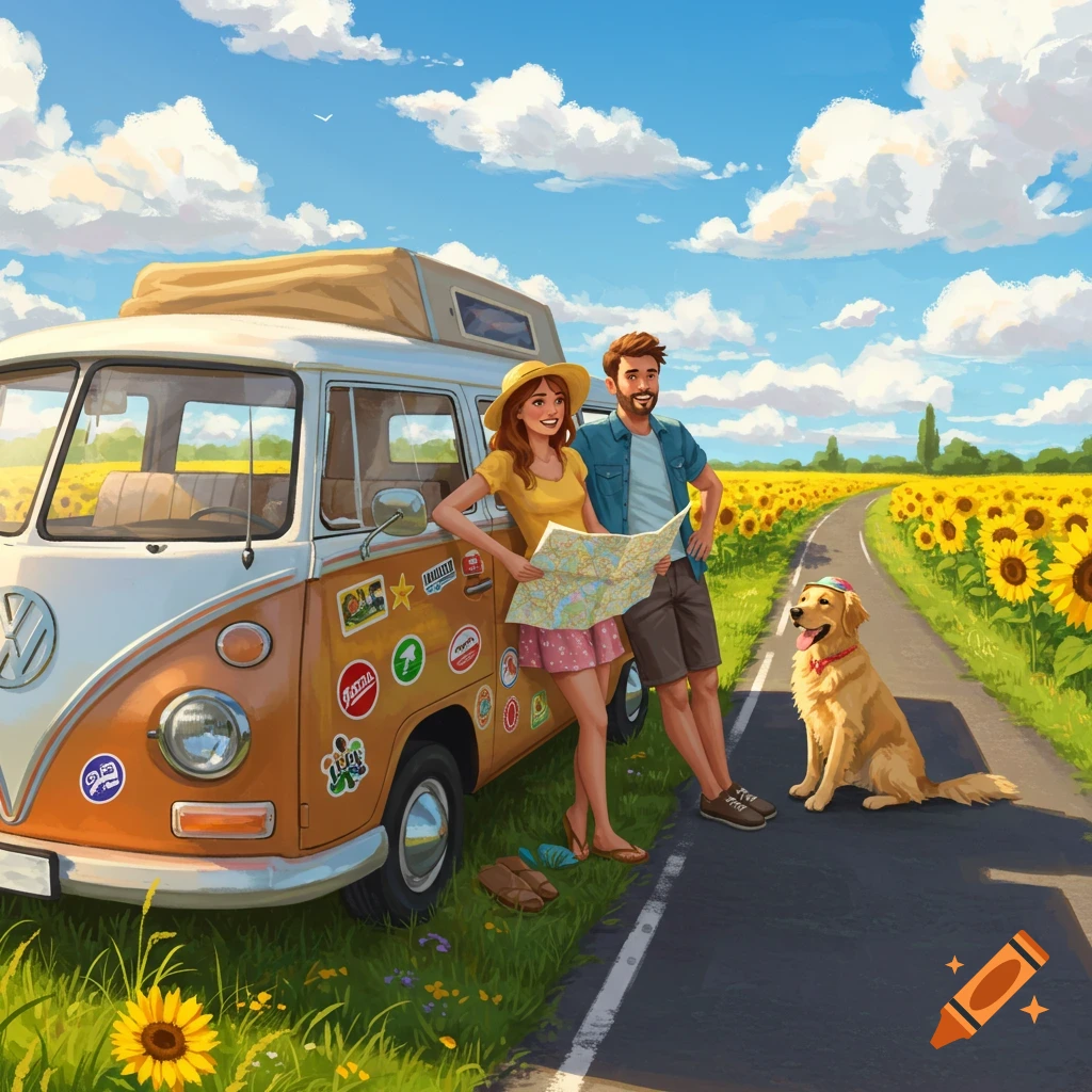 Stylized illustration of a happy couple and their dog on a road trip, standing by a vintage camper van in a field of sunflowers.
