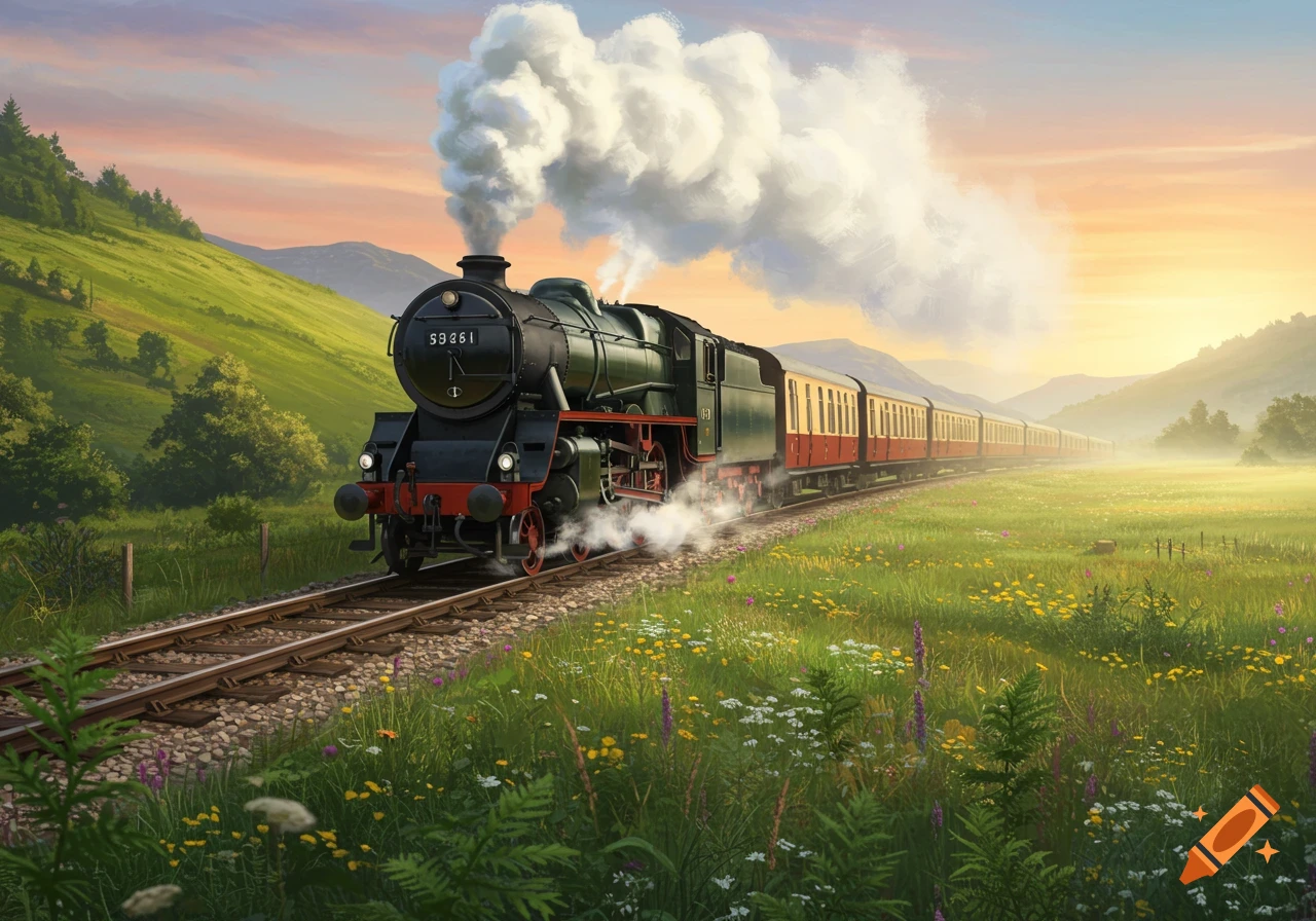 A vintage steam train pulls carriages through a lush green valley with wildflowers under a warm, colorful sky.
