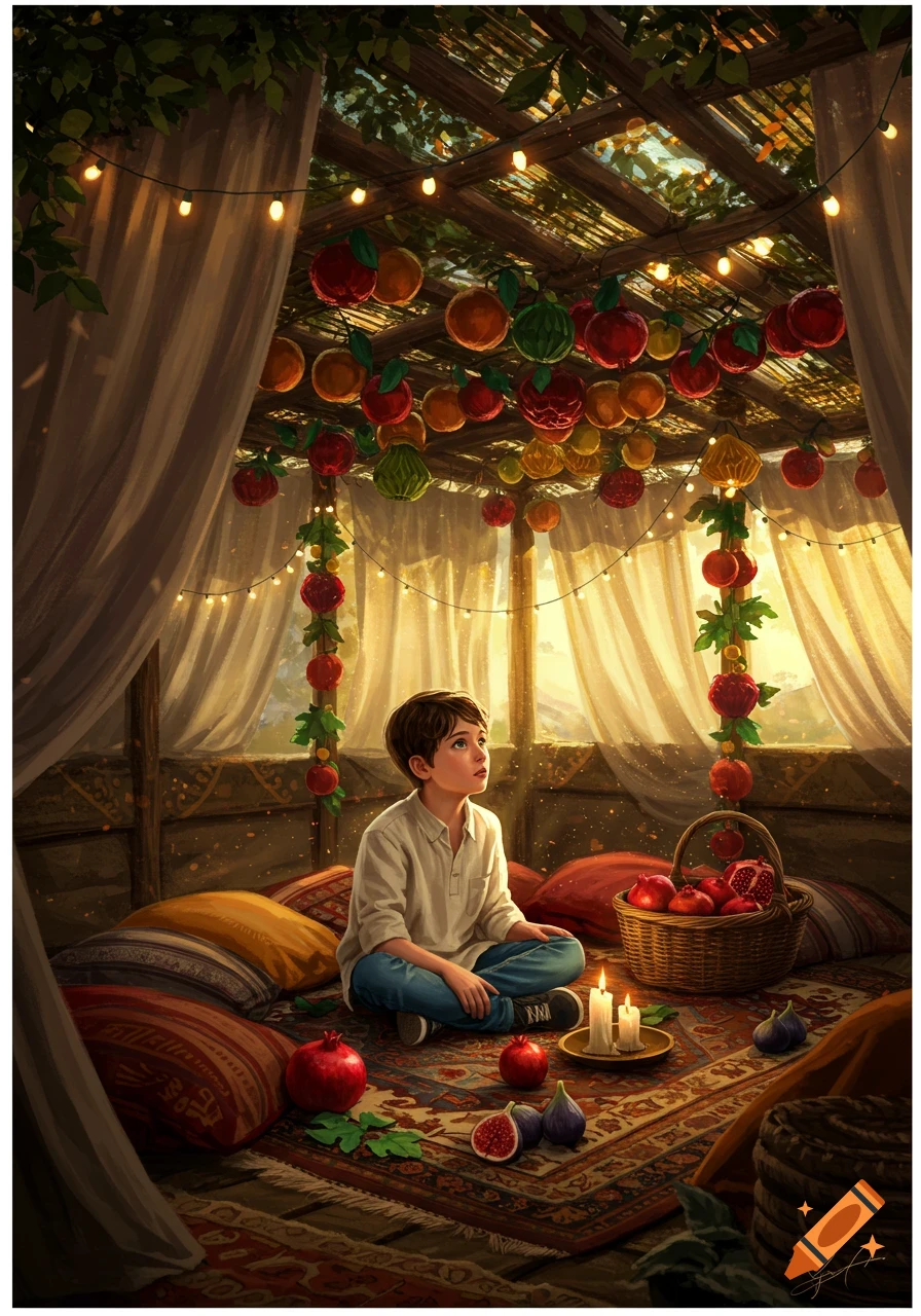 A young boy sits cross-legged inside a warmly lit Sukkah, looking up at hanging fruit decorations and string lights. Pomegranates and figs are on the patterned rug, with pillows surrounding him.