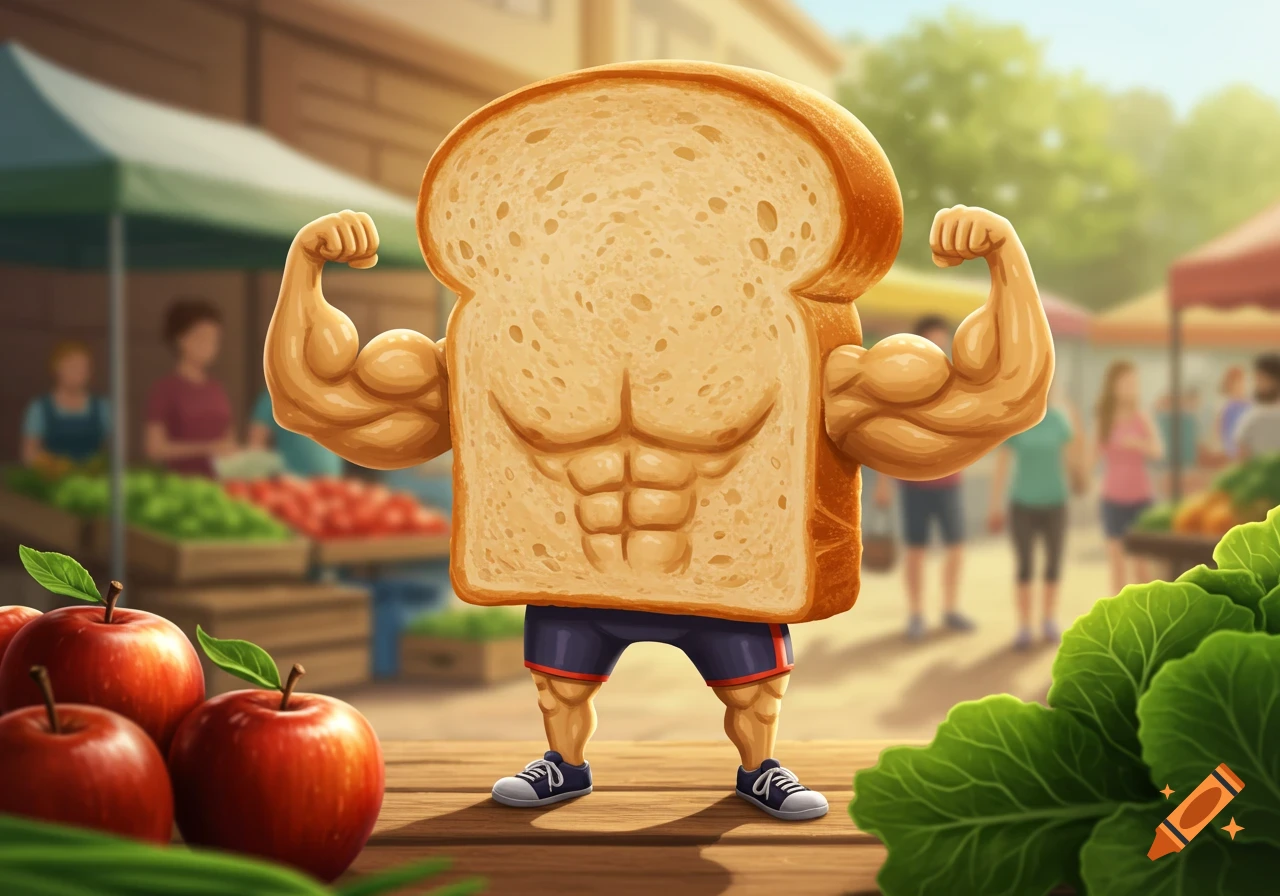 A muscular, cartoon slice of bread bodybuilder flexing its arms at a vibrant farmer's market.