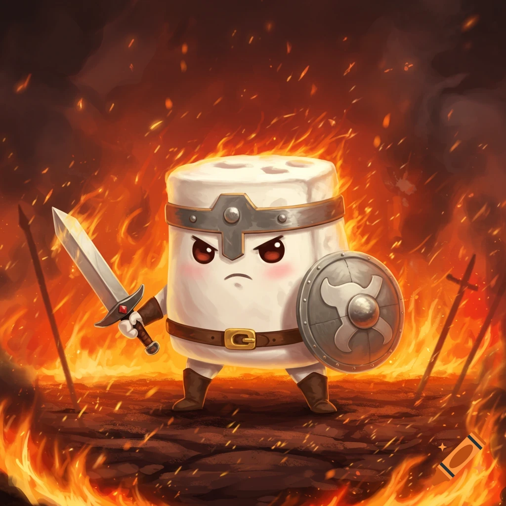 A cute marshmallow warrior character with a square body, helmet, sword, and shield stands in a fiery battlefield.