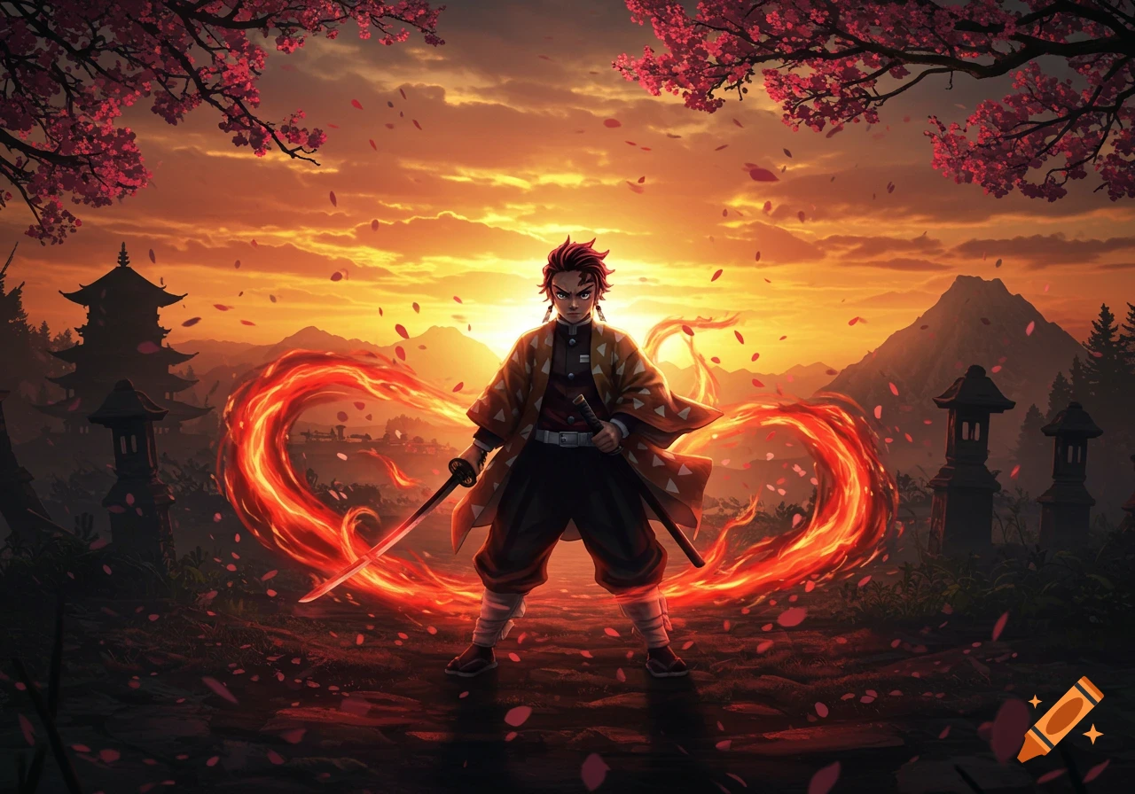 Anime character Tanjiro stands with a glowing sword and fiery energy against a vibrant sunset with cherry blossoms, pagodas, and mountains.