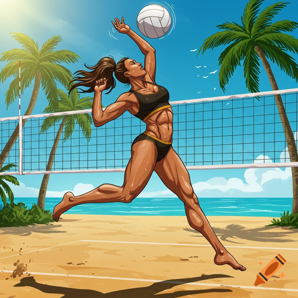 Stylized illustration of a muscular woman spiking a volleyball on a sunny beach with palm trees and ocean.