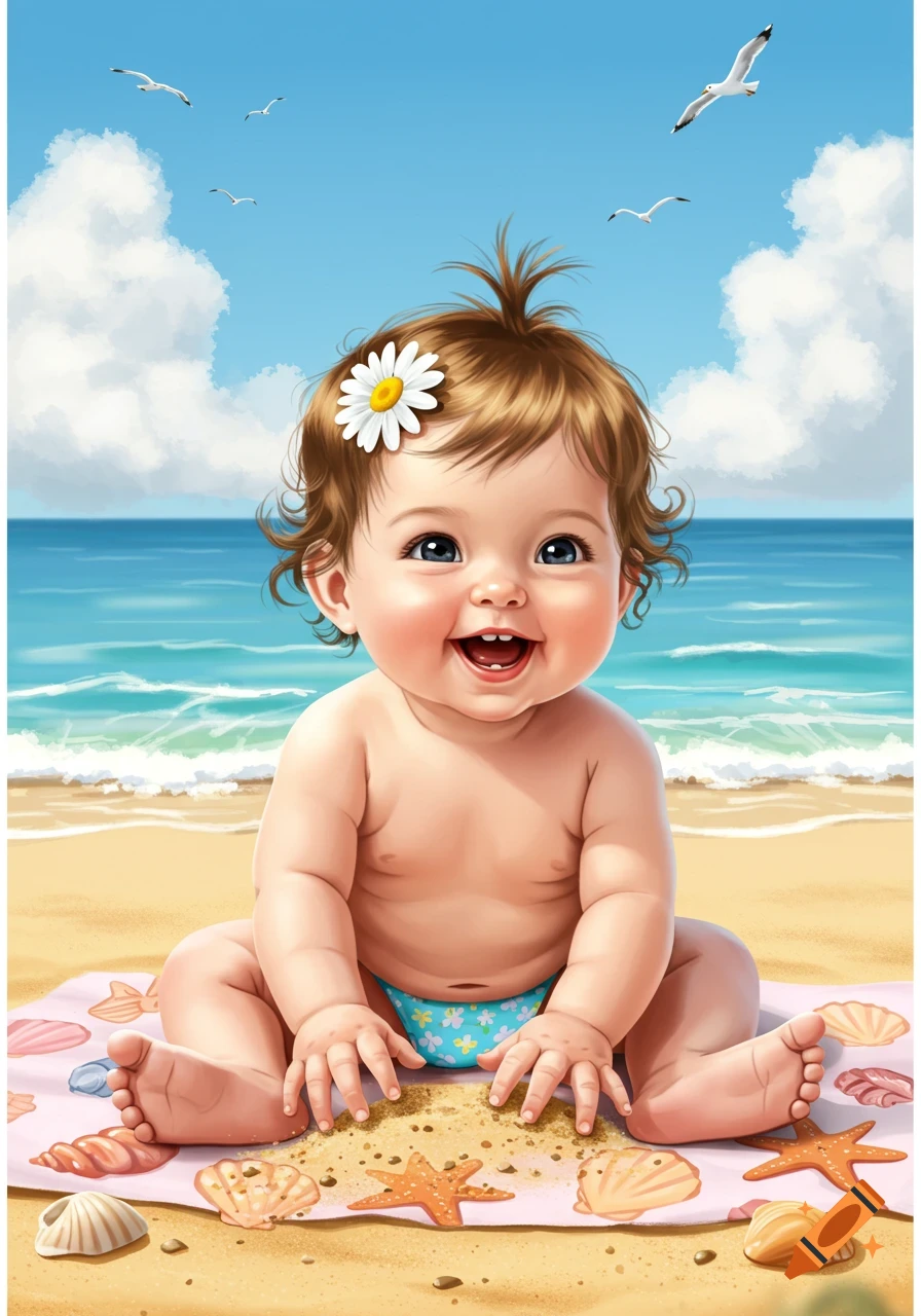 A cute baby with a daisy in her hair sits on a sandy beach with seashells and starfish, smiling at the camera.