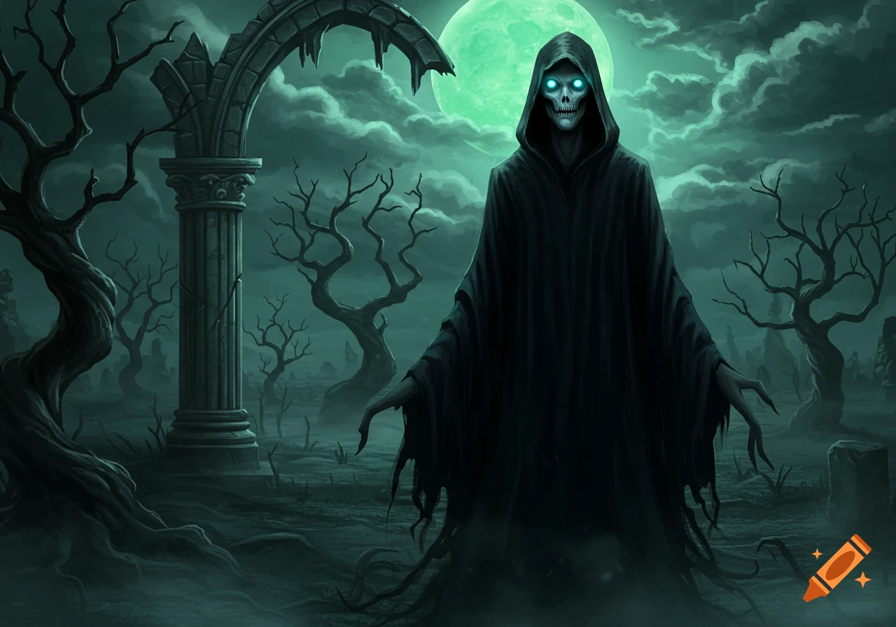 A grim reaper figure with glowing blue eyes stands in a dark, misty graveyard with gnarled trees, under a bright green moon. Digital art.