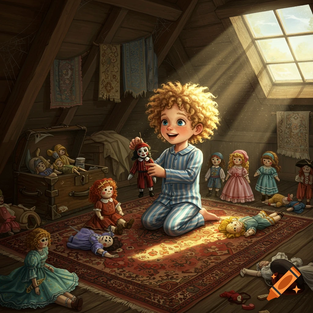 Curly-haired child in pajamas playing with many dolls on a patterned rug in a dusty attic lit by a sunbeam.