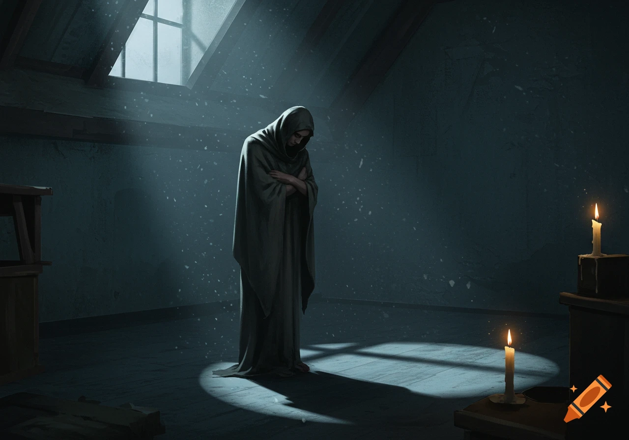 A hooded figure stands solemnly in a dark, dusty attic room, illuminated by a window beam and two glowing candles.