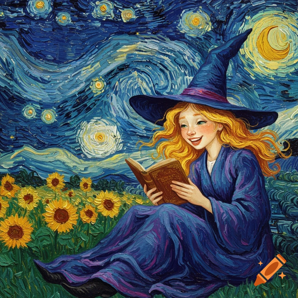 A smiling witch with long blonde hair reads a book in a field of sunflowers under a swirling starry night sky, in the style of Van Gogh.