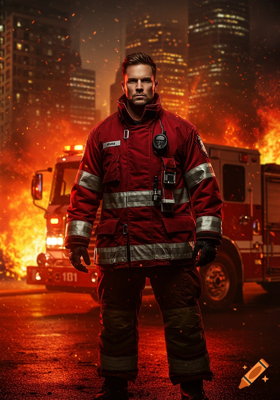 Photorealistic portrait of a firefighter in a red uniform standing in front of a burning cityscape and fire truck.