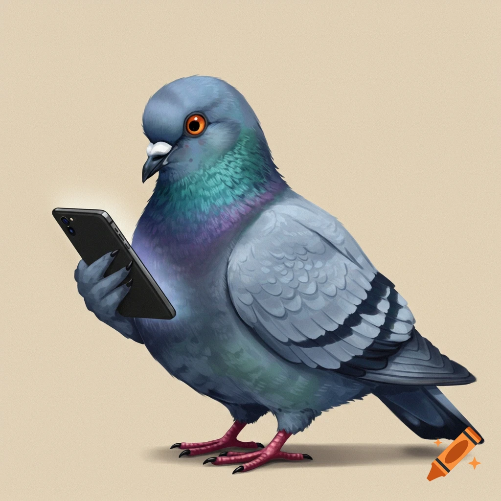 Digital art of a gray pigeon holding a glowing black smartphone against a beige background.