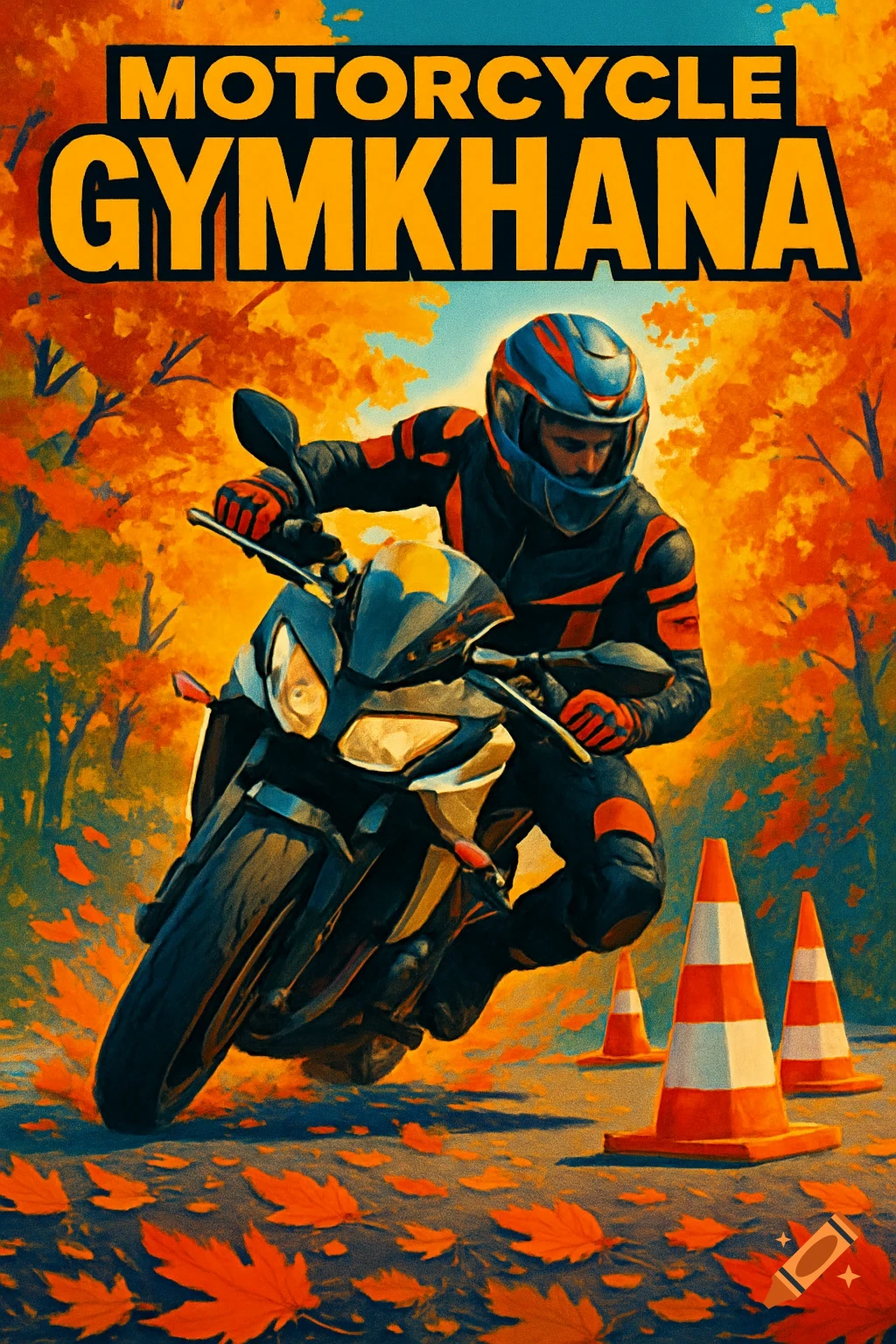 Dynamic motorcycle rider in black and orange gear on a dark bike, maneuvering past orange cones in an autumn forest with falling leaves. Text: MOTORCYCLE GYMKHANA.