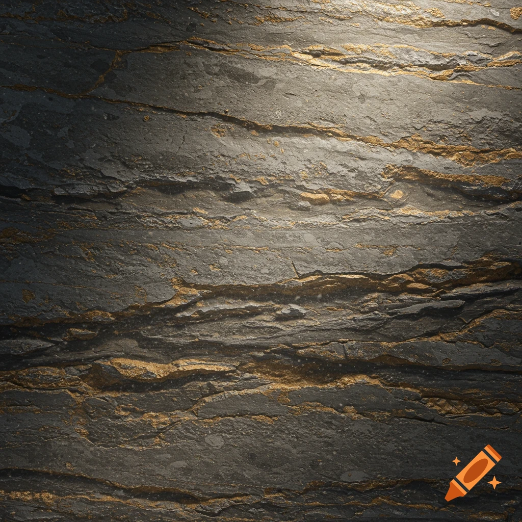 Close-up of dark grey rock or slate with gold metallic veins and rough, layered texture.