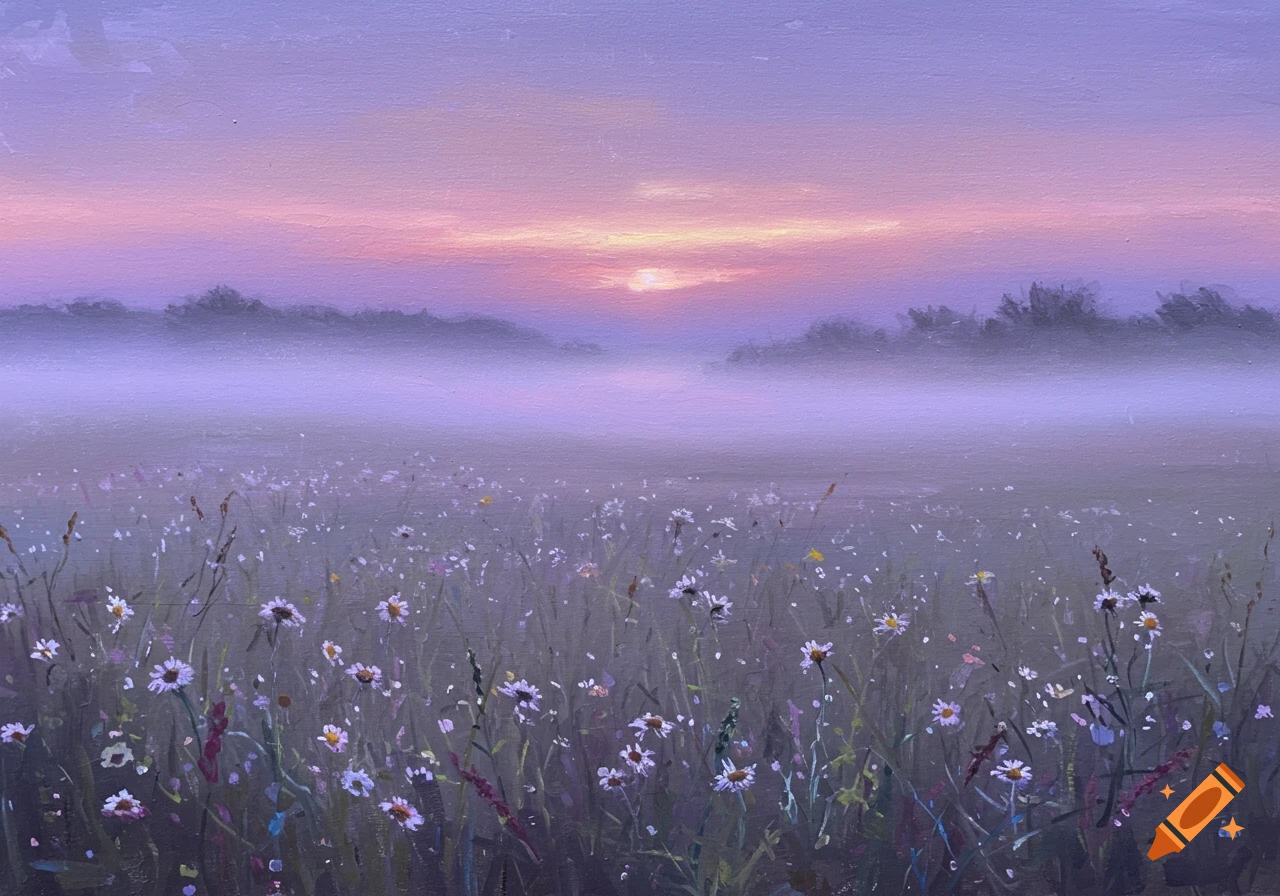 Oil pastel painting of a misty field filled with flowers at sunrise, bathed in soft purple and pink light.