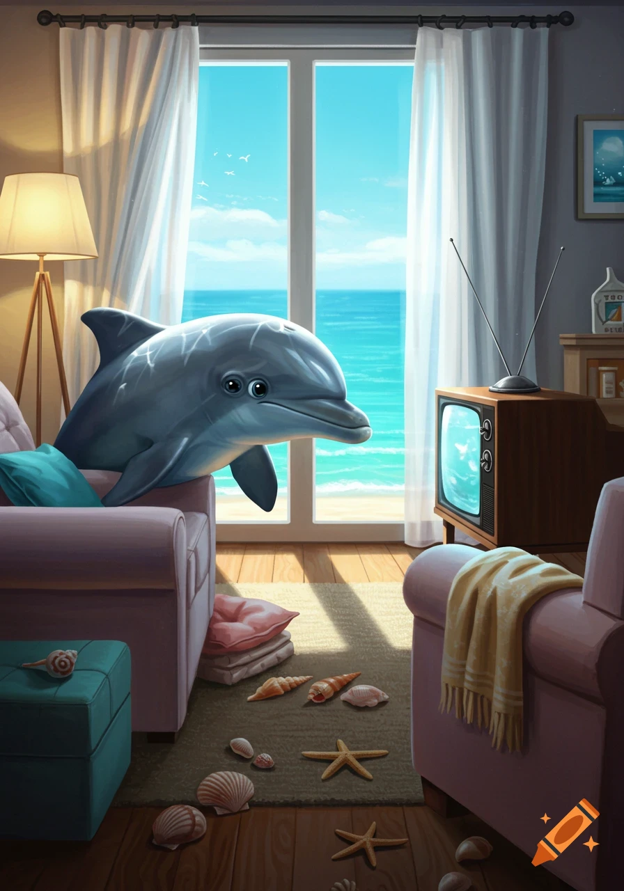 A cartoon dolphin peeking over a pink couch, watching a vintage TV. A beach and ocean are visible through the window.