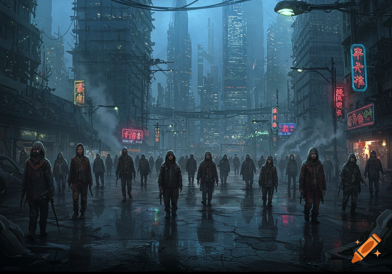 A large group of people in hooded cloaks walks through a wet, dark, dystopian cyberpunk city street with towering buildings and neon signs in the background.