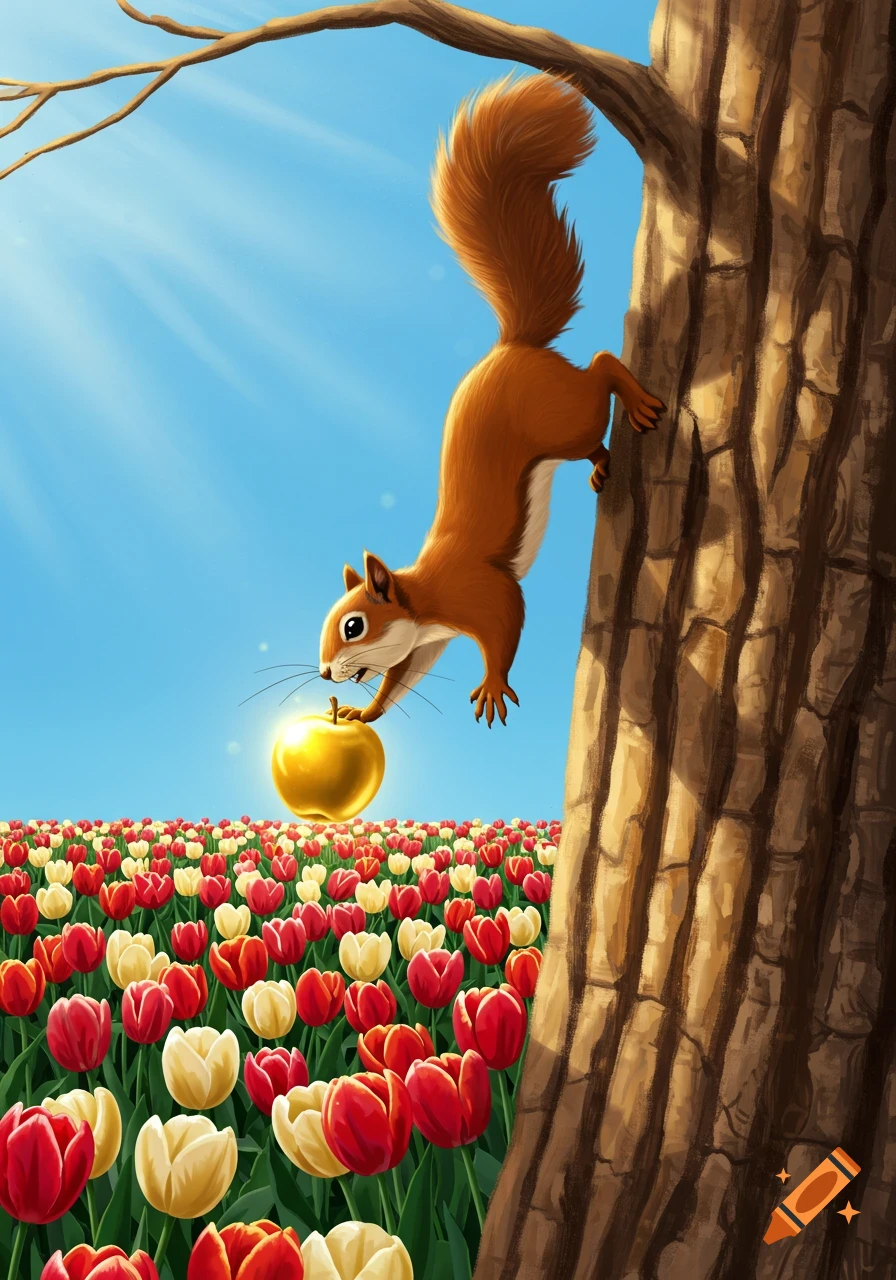 An illustrated squirrel climbs a tree towards a golden apple above a field of red and white tulips.