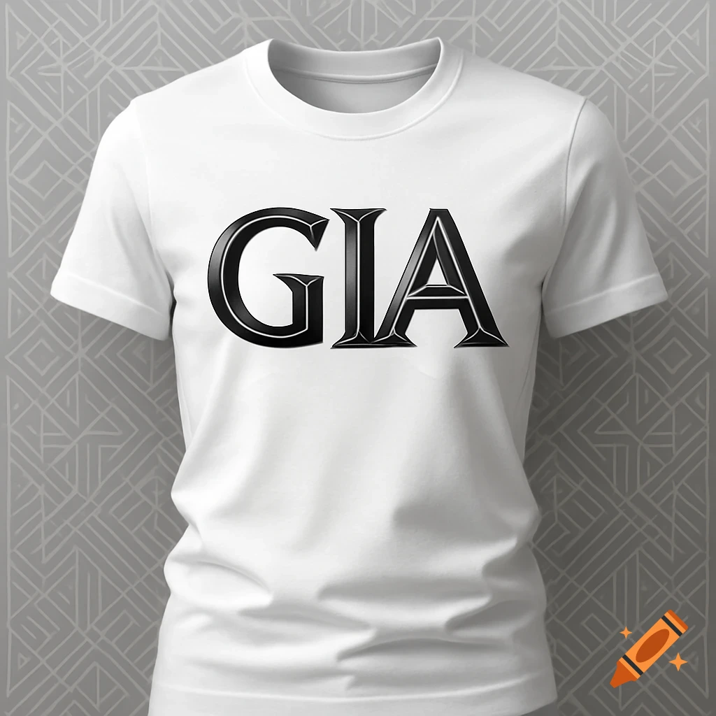 White t-shirt with a bold black 'GIA' logo on the front, against a patterned gray background.