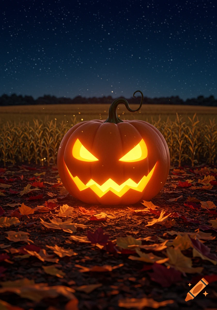 A glowing jack-o'-lantern with a carved face sits in a field of dry corn stalks and autumn leaves under a starry night sky.