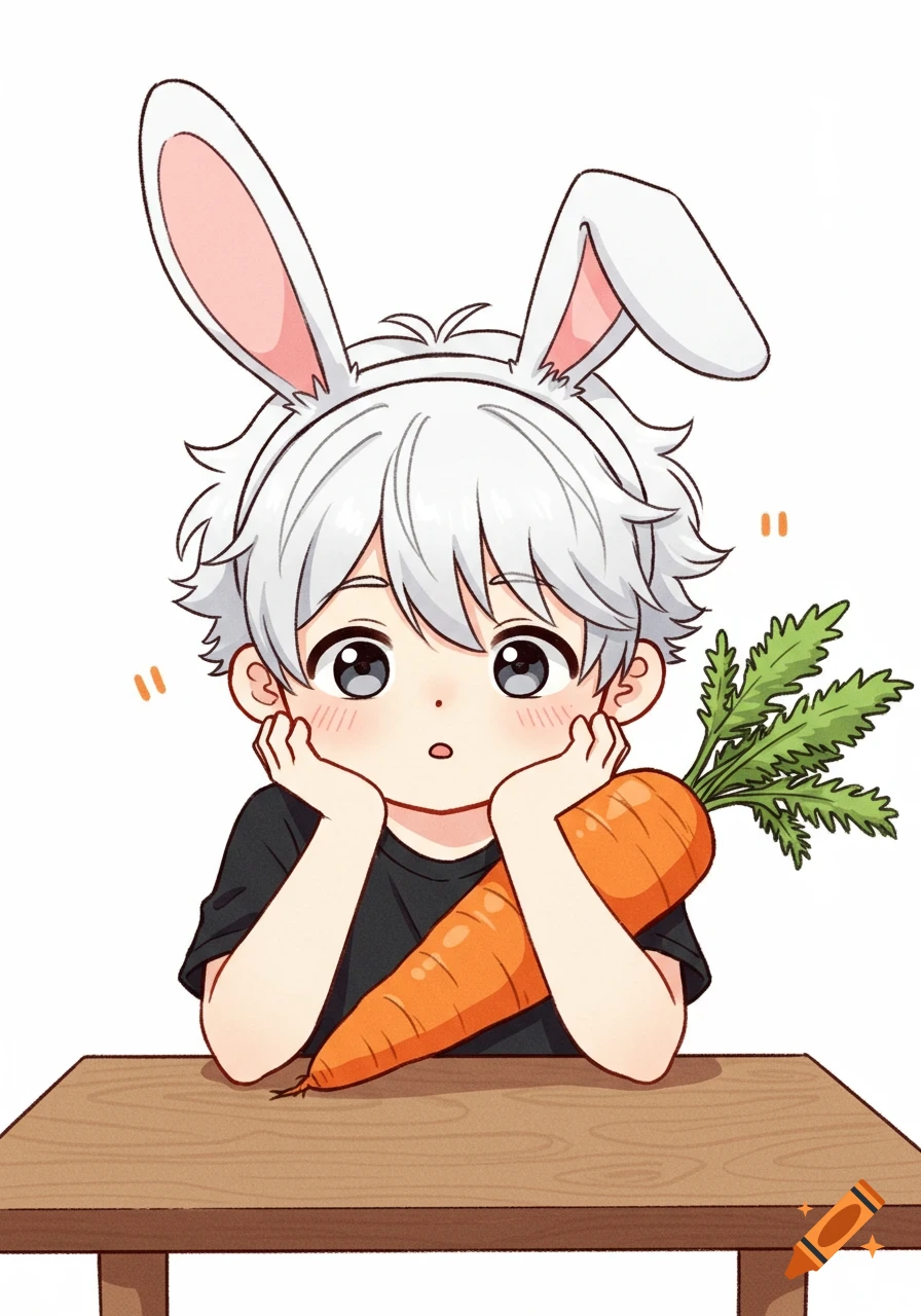 Anime boy with white hair and bunny ears, holding a large carrot, resting his chin on his hands at a wooden table. Cute, surprised expression.