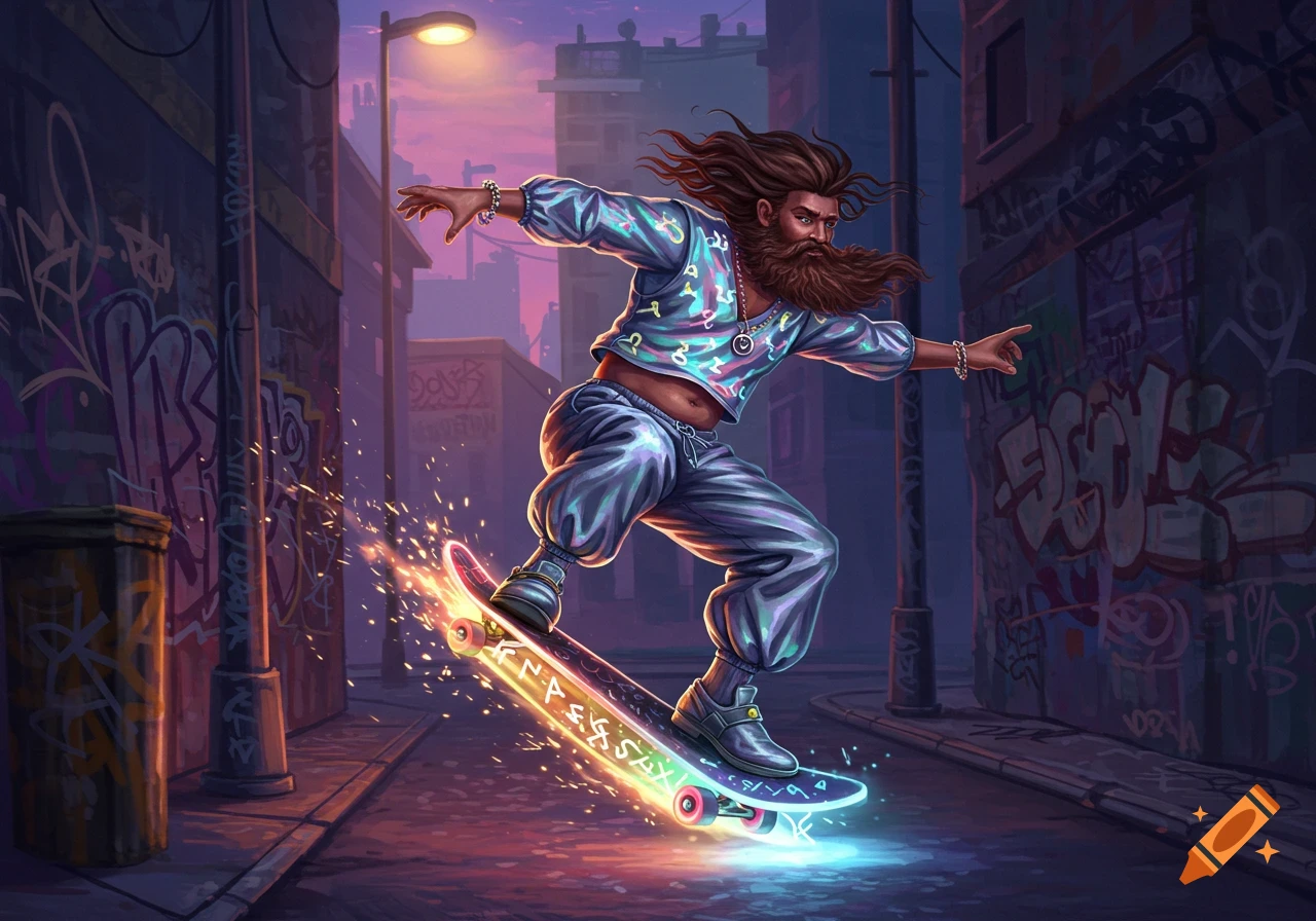 A bearded person in a colorful Y2K crop top and baggy pants performs a skateboard trick, sparks flying from the glowing board, on a graffiti-covered urban street at dusk.