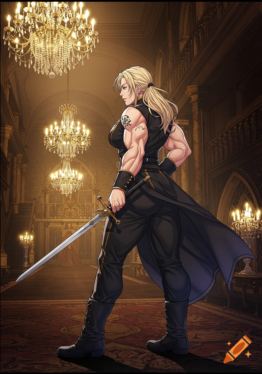 A muscled blonde woman in a black royal outfit, holding a sword, stands in a luxurious manor hall with chandeliers. Anime style.