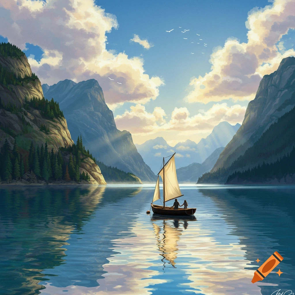 A serene painting of a sailboat with two people on a lake, surrounded by majestic mountains under a sunlit cloudy sky.