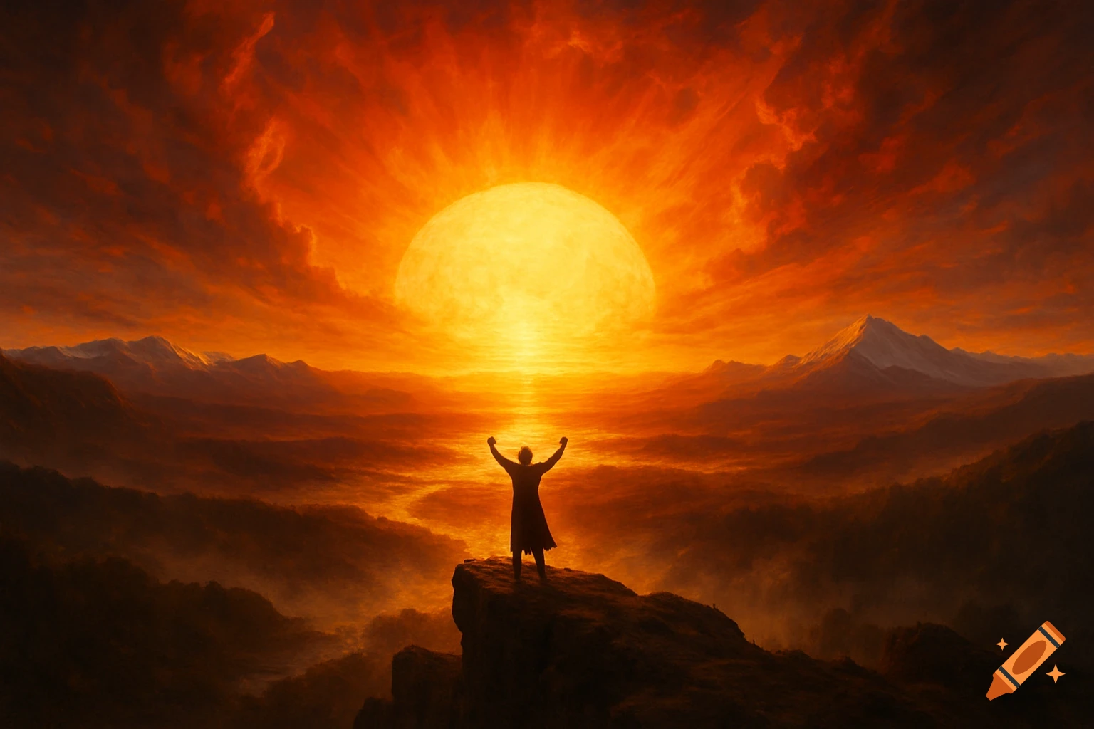 Person on a cliff, arms raised, silhouetted against a giant orange sun over a dramatic mountain and river landscape.