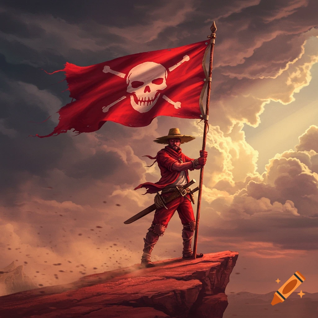 A man in red with a straw hat waves a red pirate flag with a skull from a rocky cliff under a dramatic sky.