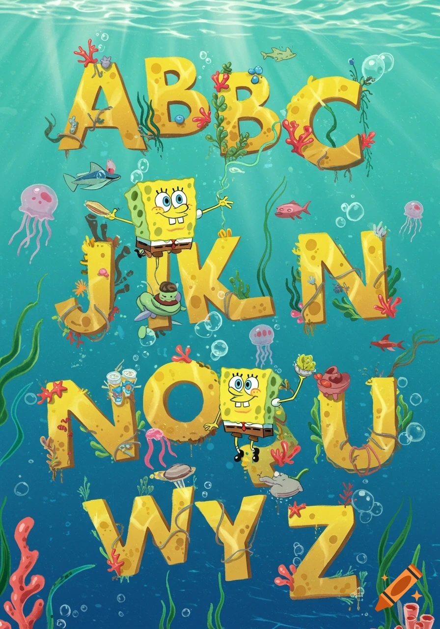Spongebob Squarepants underwater with large yellow alphabet letters and sea creatures.