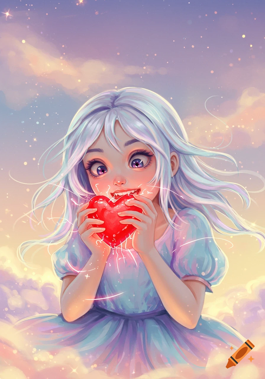 Anime girl with white hair and big eyes, holding a glowing red heart, against a dreamy pastel sky.