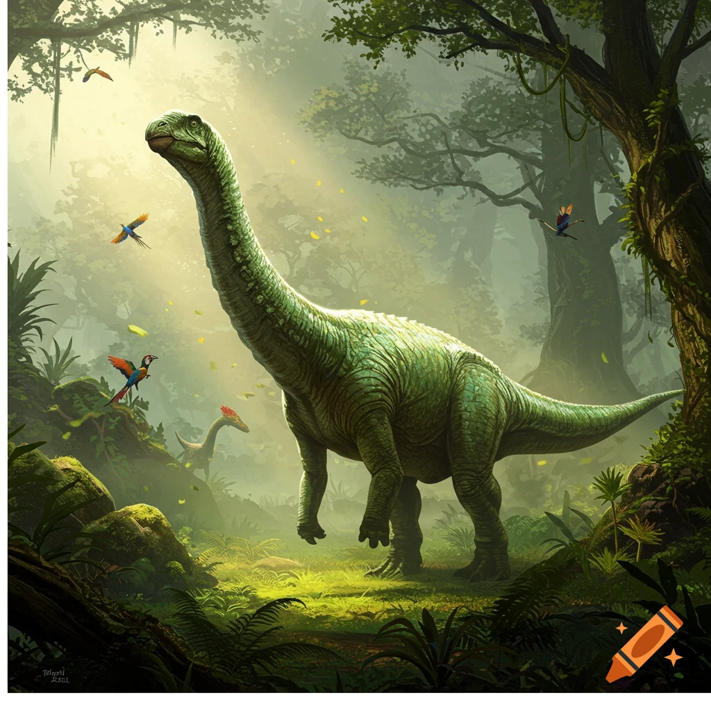 An artistic illustration of a long-necked dinosaur standing in a lush, sunlit jungle with birds flying around.