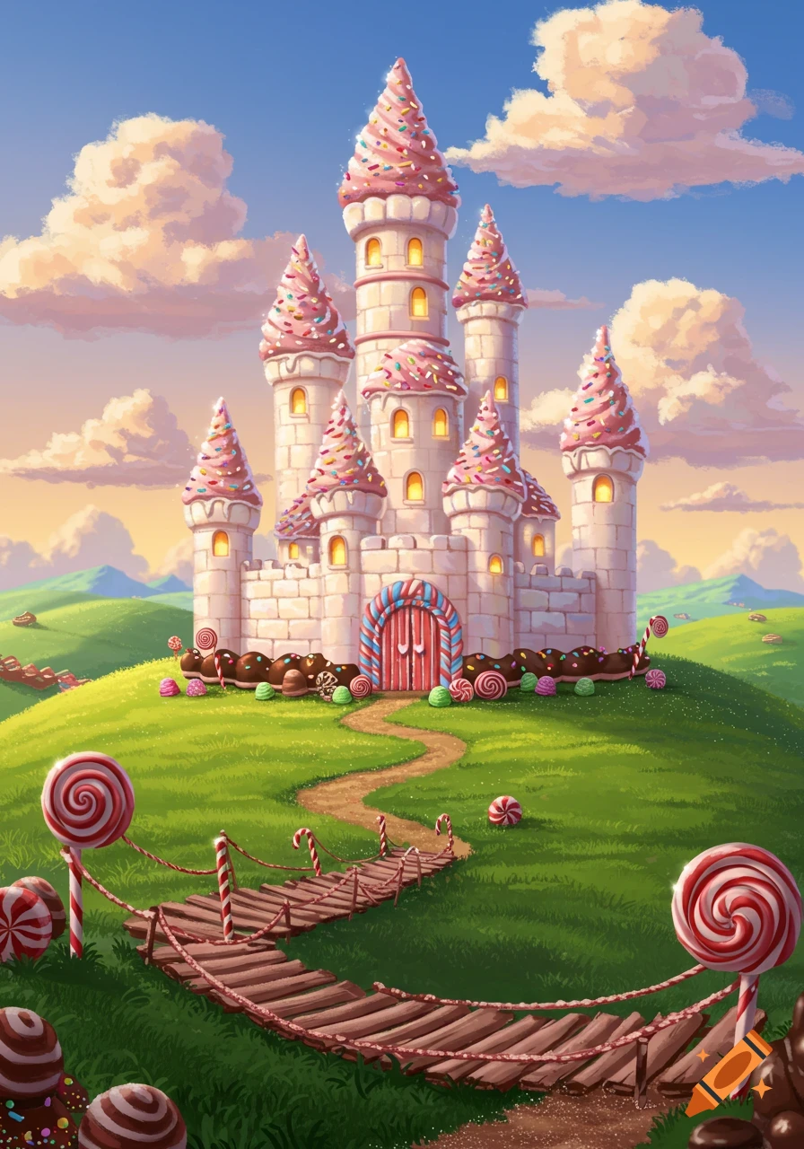 A whimsical, colorful candy castle with pink frosting roofs and sprinkles on a green hill, surrounded by lollipops and a chocolate path.