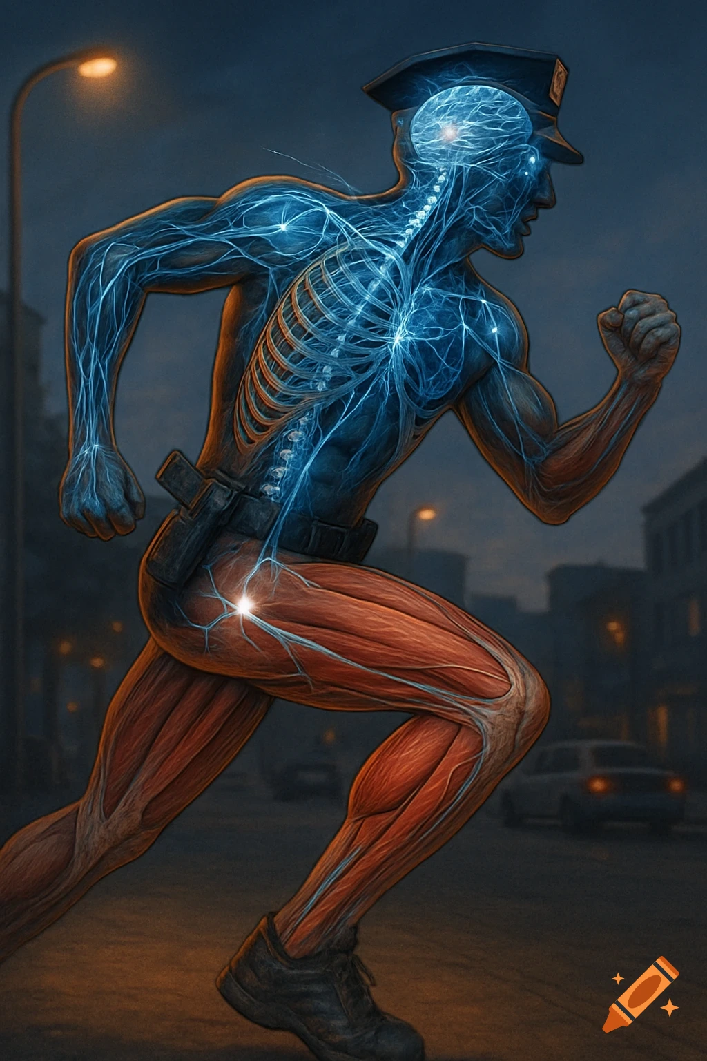A conceptual illustration of a running police officer, showing his exposed musculature and glowing blue nervous and skeletal systems on a dark street.