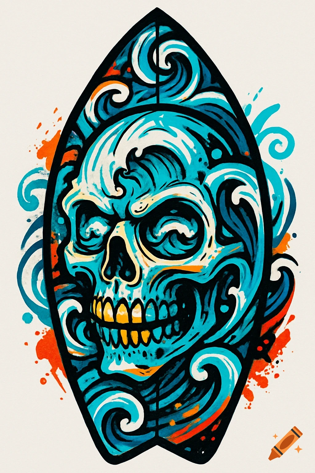 Stylized graffiti illustration of a blue skull forming waves on a surfboard with orange splatters.