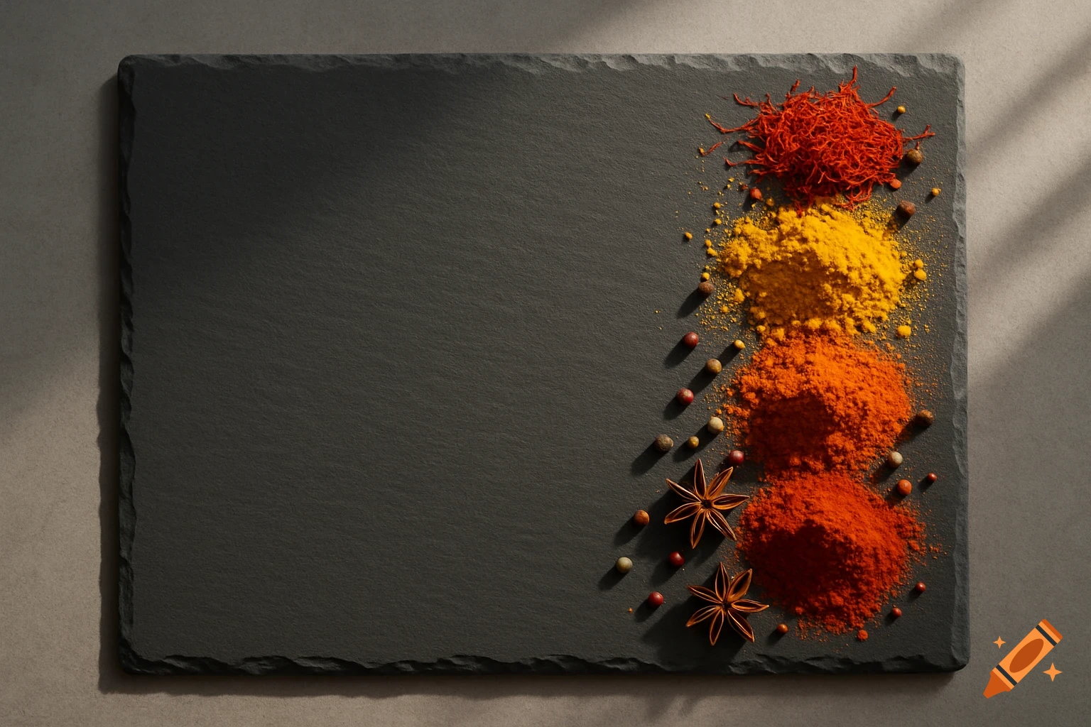 Piles of red, yellow, and orange spices with star anise and peppercorns on a dark grey slate board.