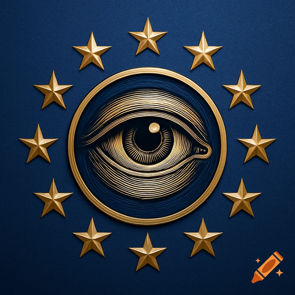 A stylized gold eye in a circular frame surrounded by eleven gold stars on a dark blue textured background.