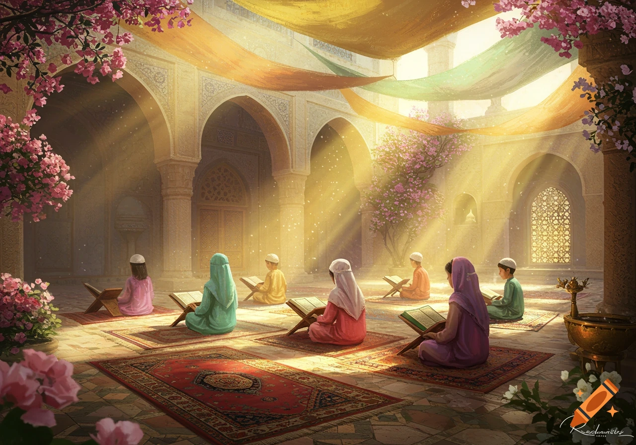 Children sit on patterned rugs in a sunlit, ornate courtyard with arches and flowering trees, reading books.
