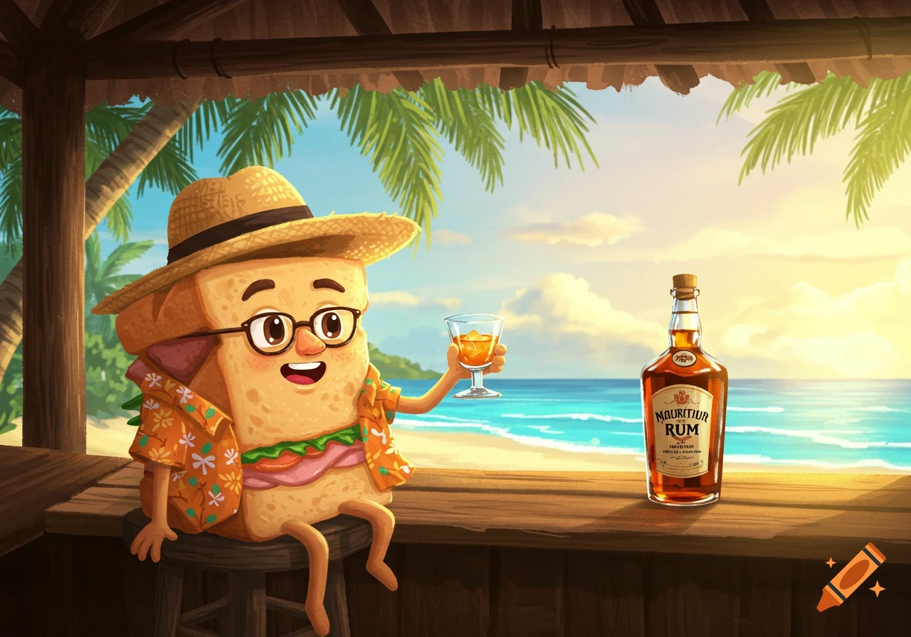 A cartoon sandwich wearing a straw hat and Hawaiian shirt, holding a glass of rum, sitting at a beach bar with a rum bottle.