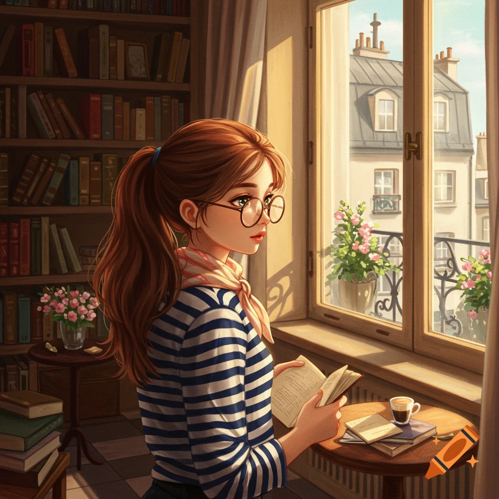 Anime girl with glasses and a ponytail reading by a sunlit window overlooking a Parisian street scene.