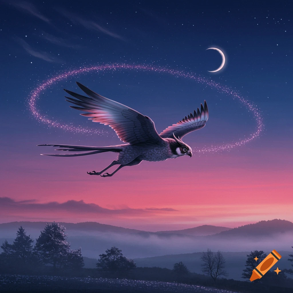 A majestic fantasy bird-like creature flies over a vibrant sunset sky with a crescent moon and stars, leaving a sparkling trail above misty mountains.
