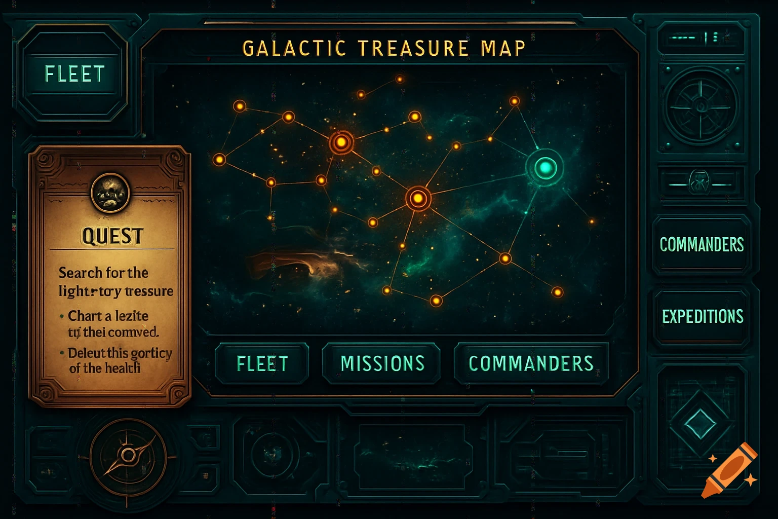 Futuristic space game UI with a galactic treasure map, quest log, and sci-fi navigation buttons, blending cyberpunk and retrofuturistic styles.