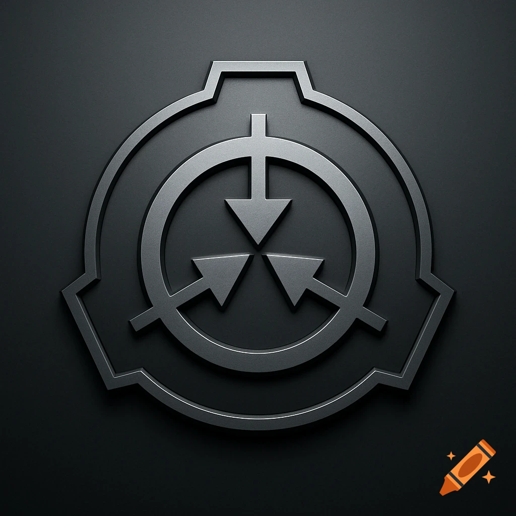 A dark metallic 3D embossed SCP Foundation logo on a black background.