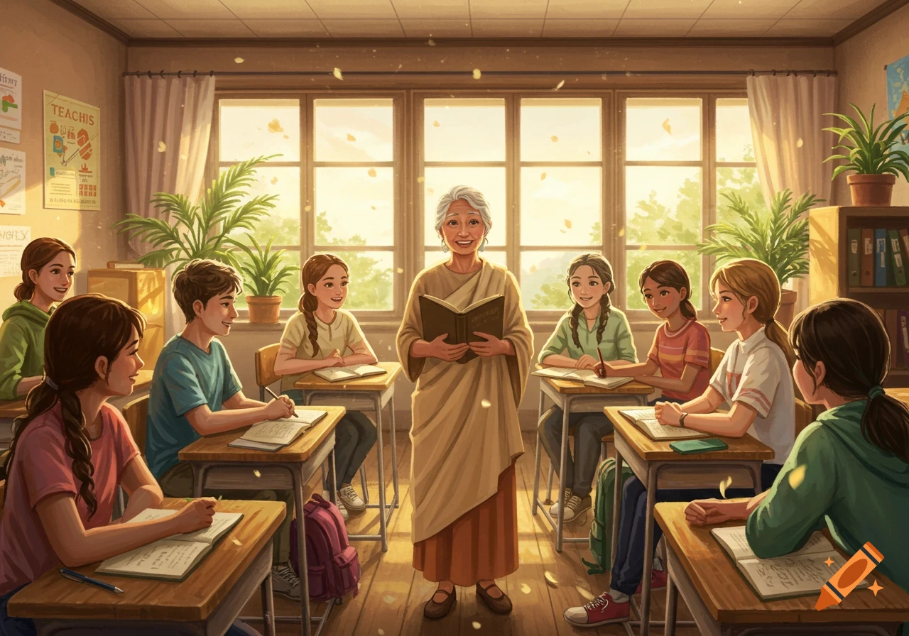 An elderly female teacher stands at the front of a sunlit classroom, holding a book, while students sit at desks, writing.