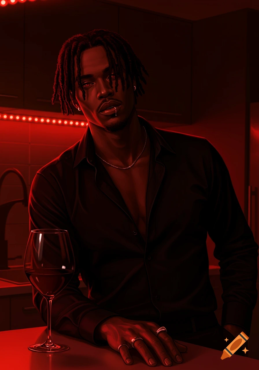 Digital art portrait of a man with dreadlocks and a piercing, wearing an unbuttoned black shirt, illuminated by red light at a counter with wine.