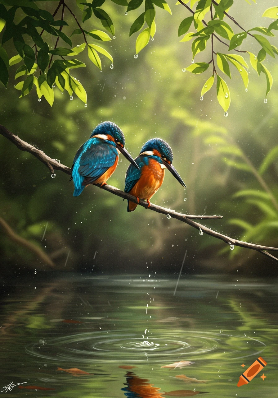 Two vibrantly colored kingfishers perch on a branch over a calm pond, with lush green leaves and rain drops above, in a realistic digital painting.