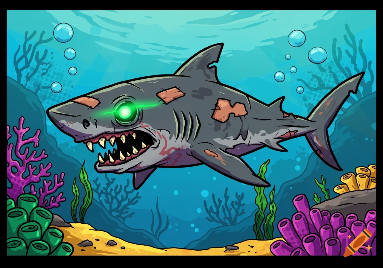 A cartoon zombie shark with a glowing green eye, stitches, and blood-like marks swims underwater among colorful coral and seaweed.