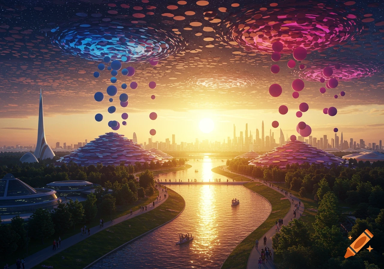 A vibrant futuristic city at sunset with unique architecture, a river, and abstract floating spheres in the sky.