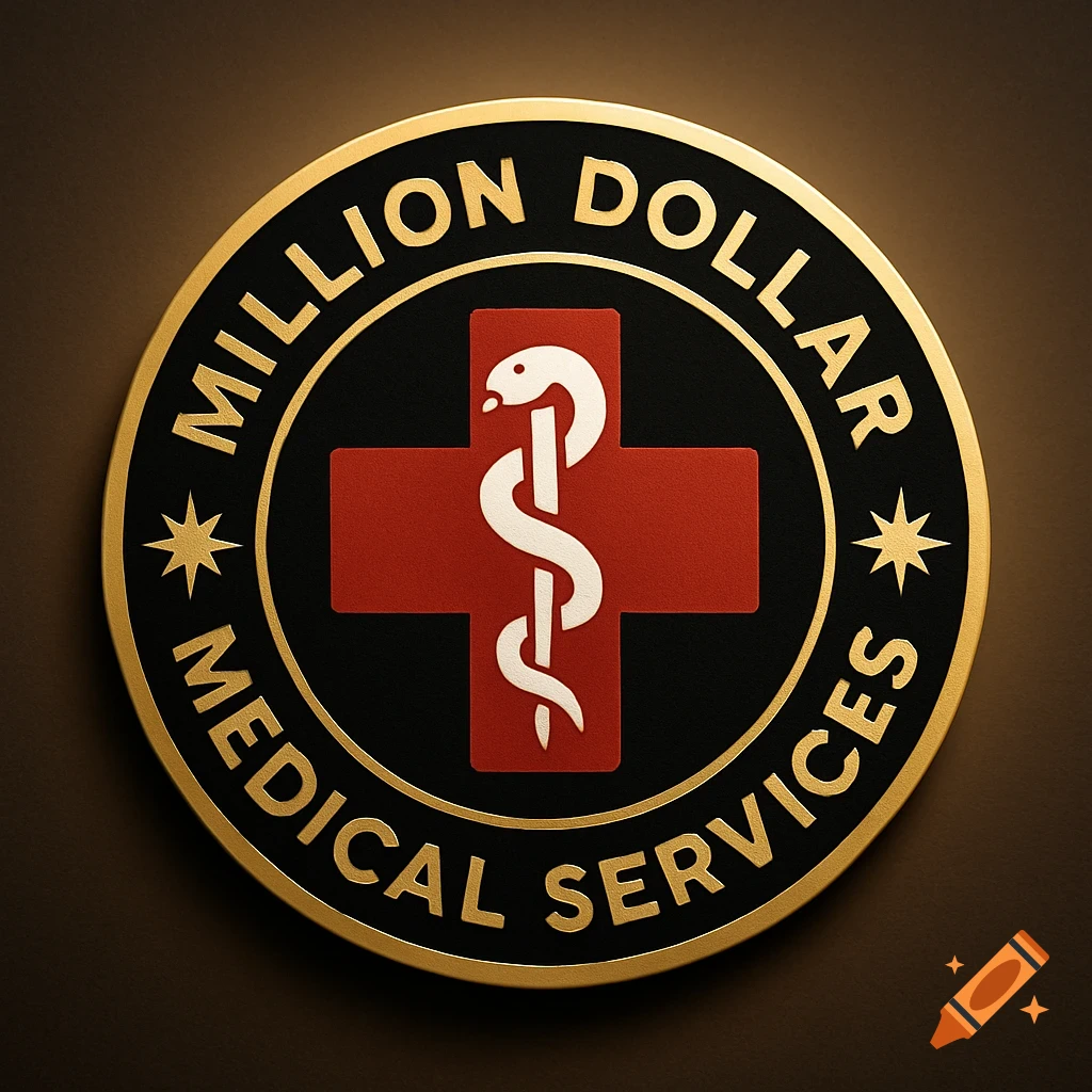 Circular 'Million Dollar Medical Services' emblem with a red cross and white serpent on a black and gold background.